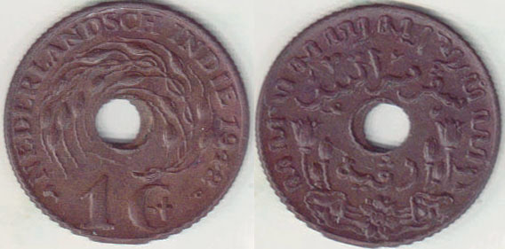 1942 P Netherlands Indies 1 Cent (hole off center) A005716
